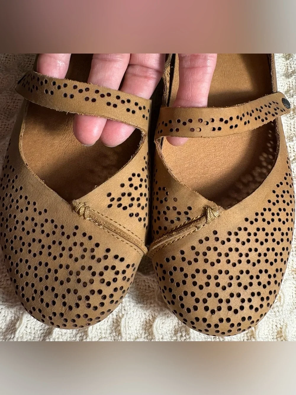 OluKai Nene Perf Mary Jane Flats Brown Perforated Leather w Asymmetrical Strap 8